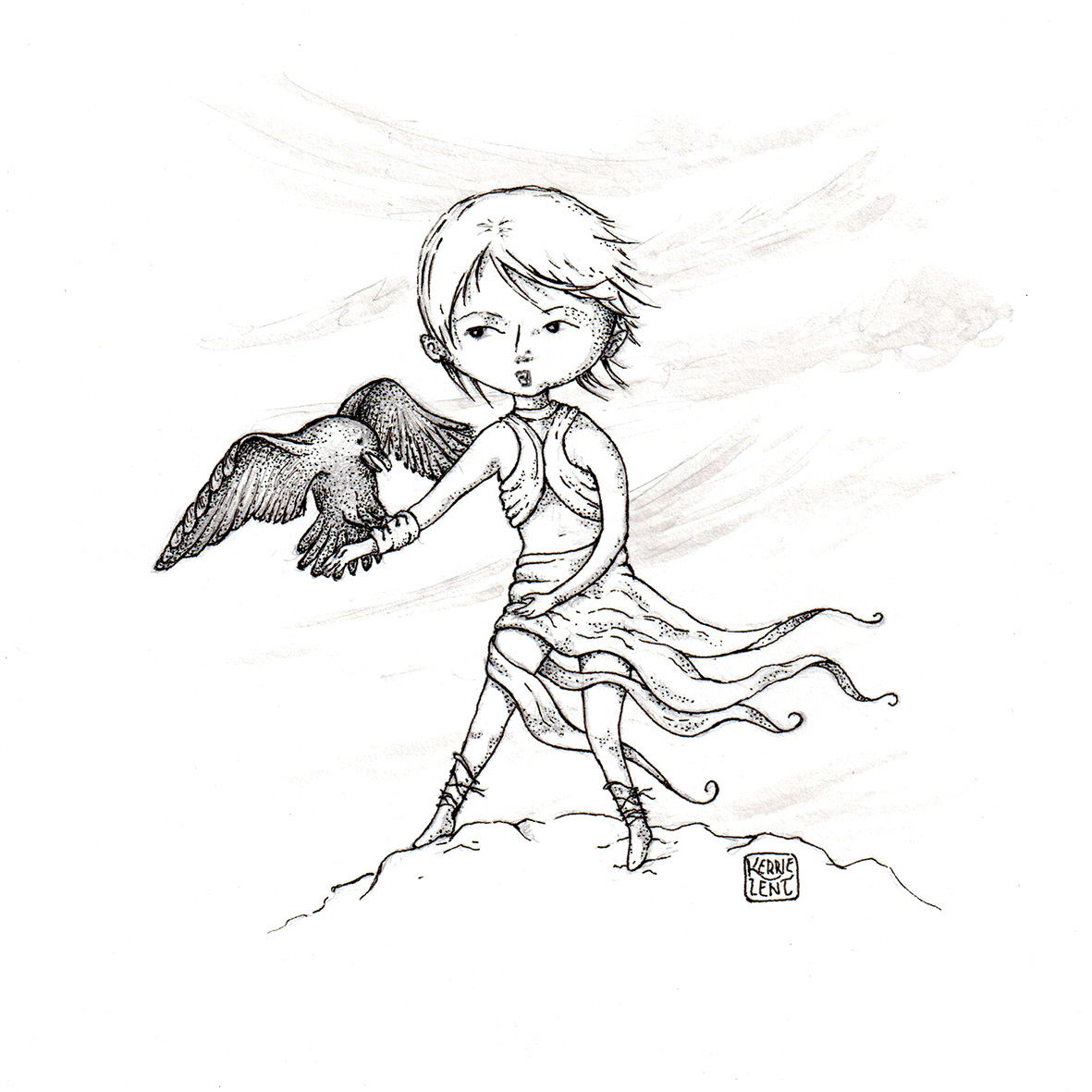 Girl with raven on rock